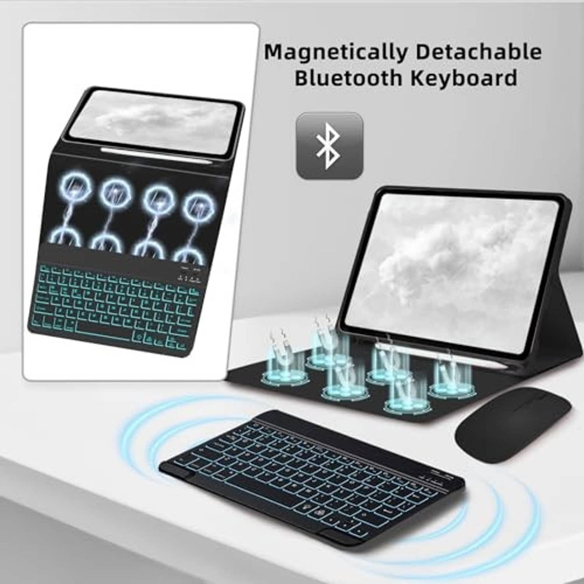 Magnetically detachable Bluetooth tablet keyboard case with kickstand and wireless mouse