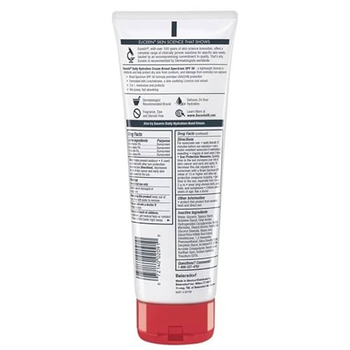 Eucerin daily hydration SPF 30 sunscreen body cream tube, back label view