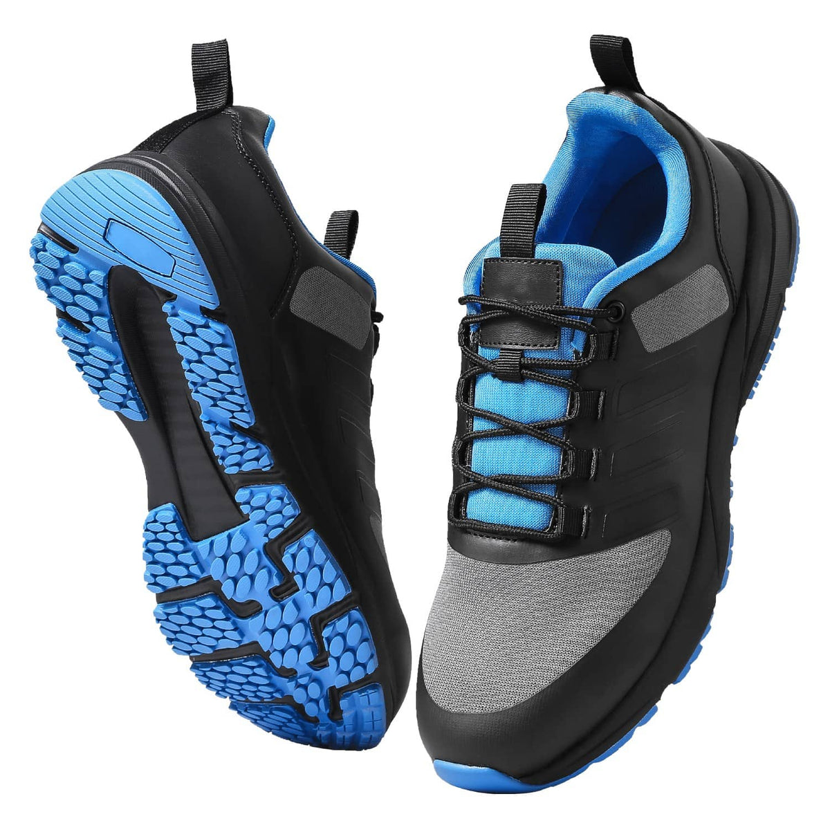 Black cross-training sneakers, blue laces and sock-like tongue, cushioned sole