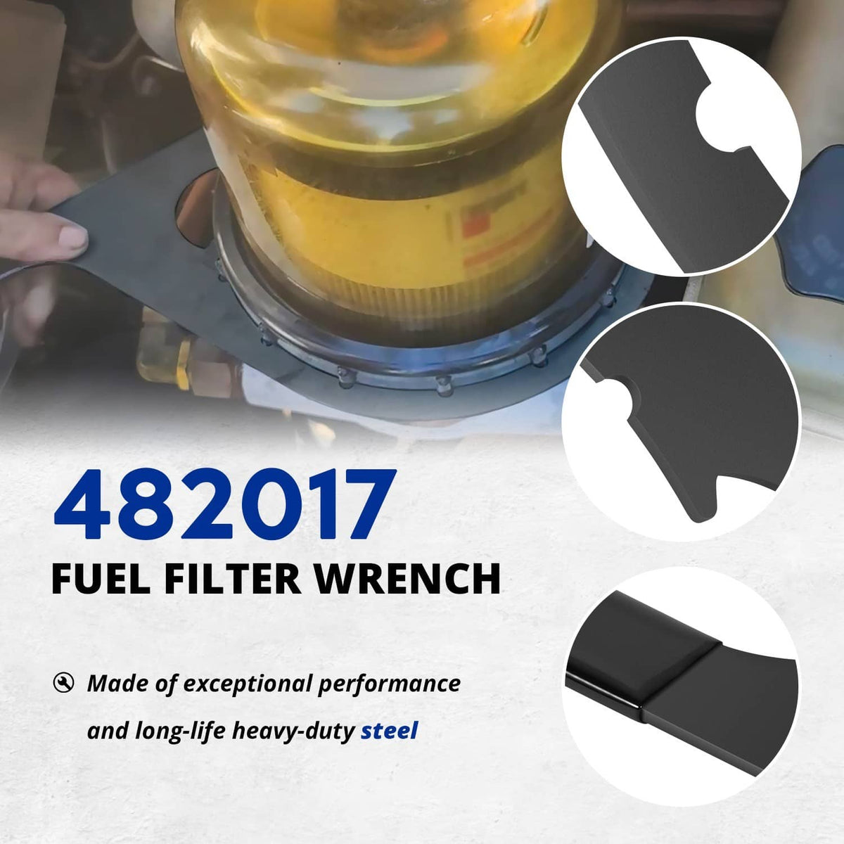 Fuel filter vent cap wrench engaged on fuel filter housing, black handle and ring tool