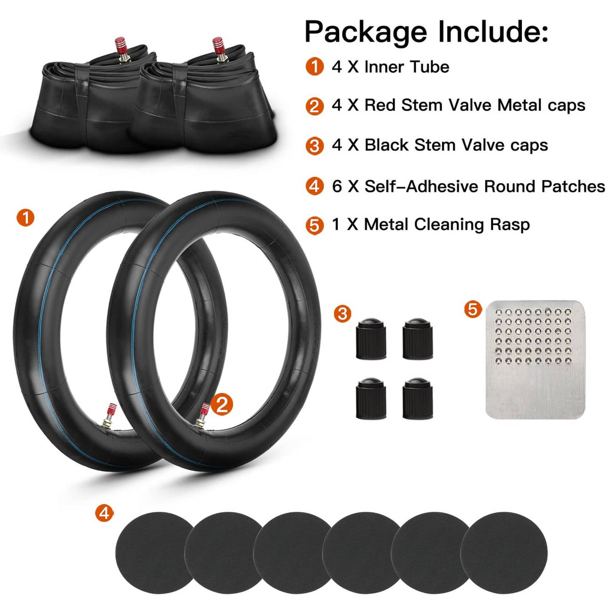 Dirt bike inner tube kit: four black tubes, valve caps, round patches, and cleaning rasp