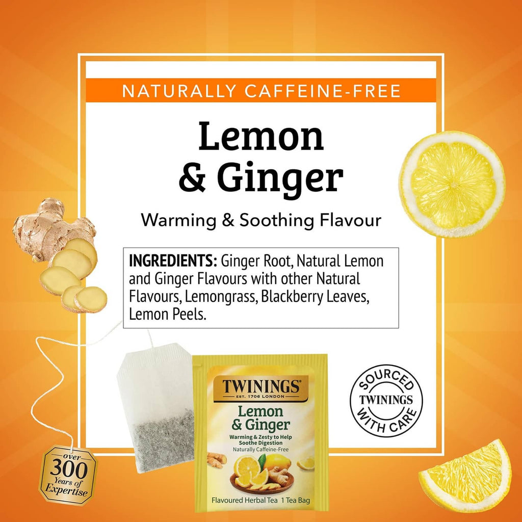 Naturally caffeine-free Lemon & Ginger herbal tea bag with lemon slice and ginger