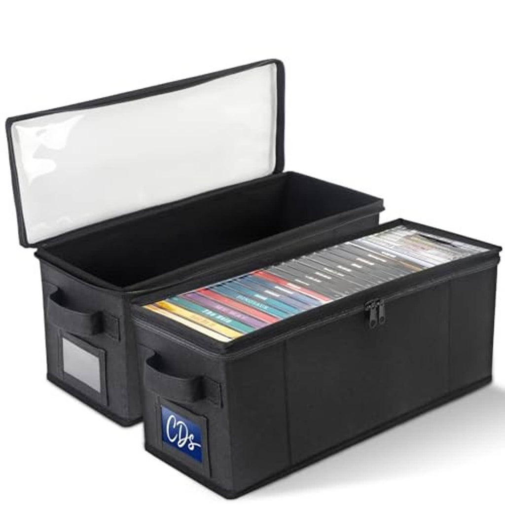 Black storage box with clear window lid, open, CDs neatly stored inside