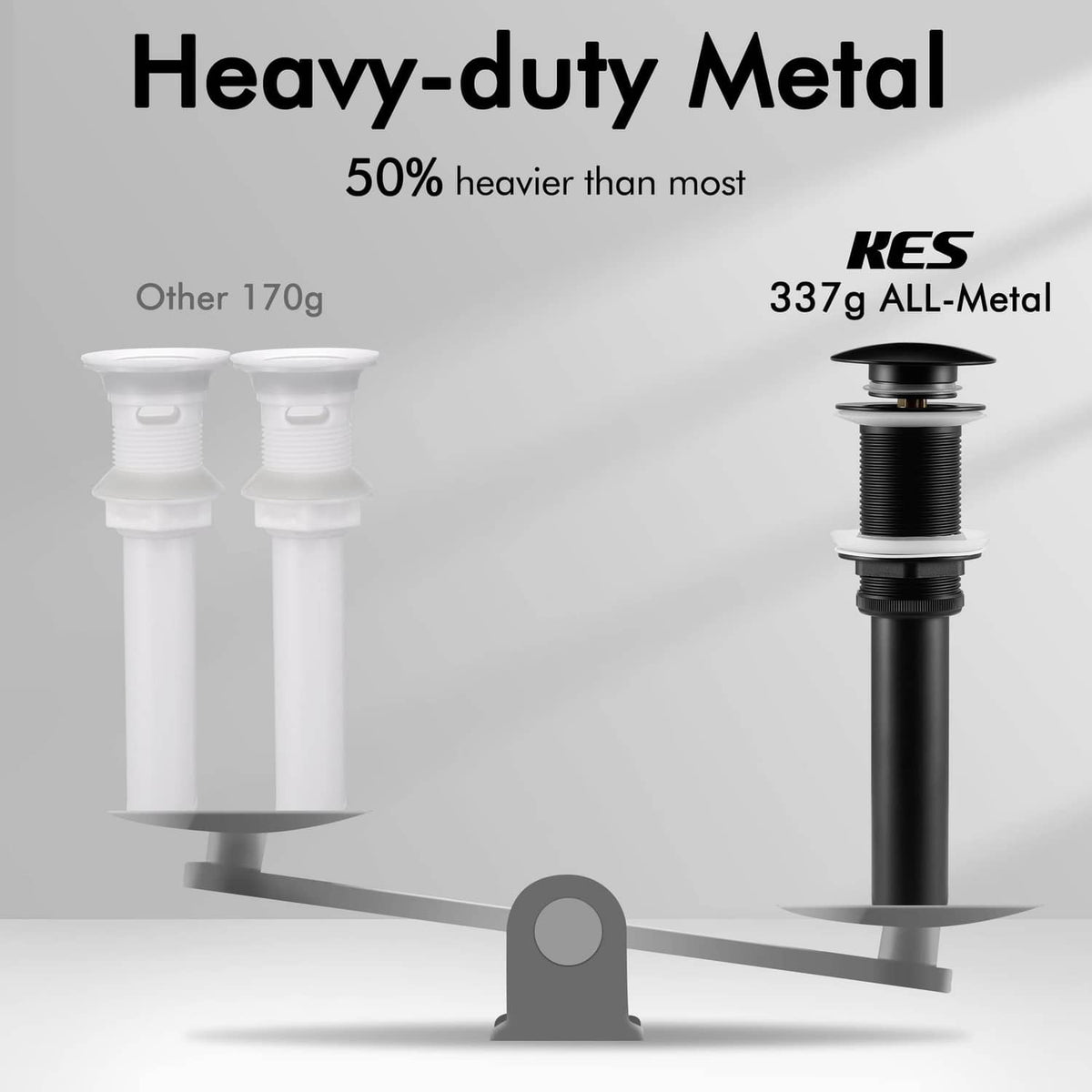All-metal bathroom sink pop-up drain stopper with matte black round cap and stem