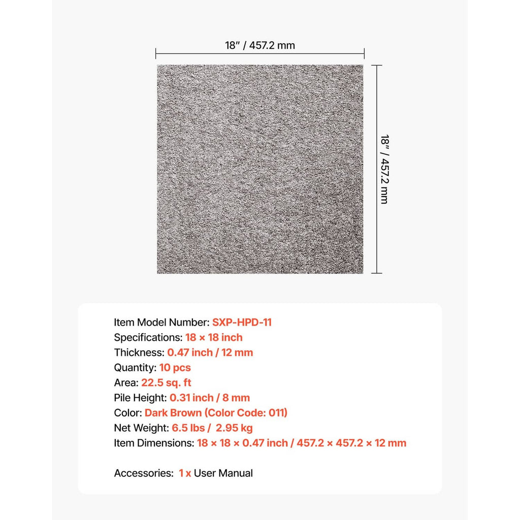 Square carpet tile with dimensions diagram and thickness details