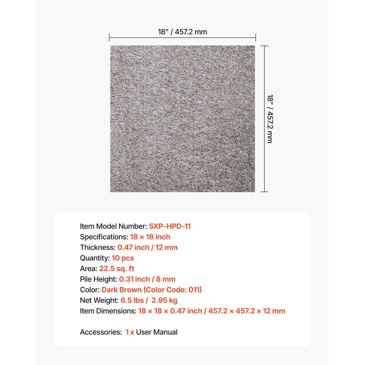 Square carpet tile with dimensions diagram and thickness details