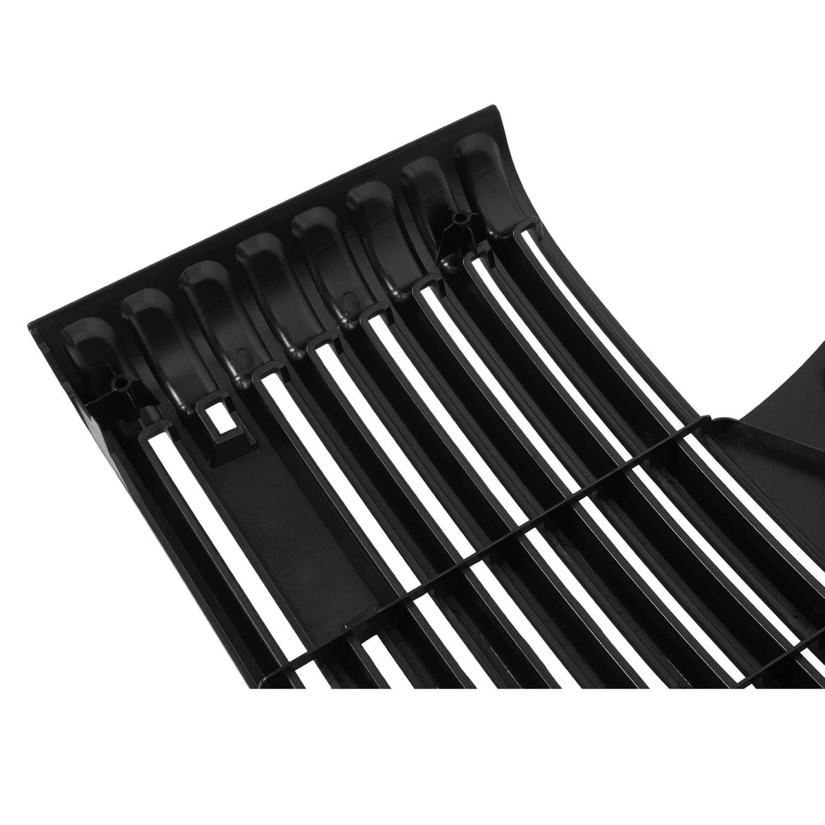 Front grille close-up of slats with internal bars and mounting points, black