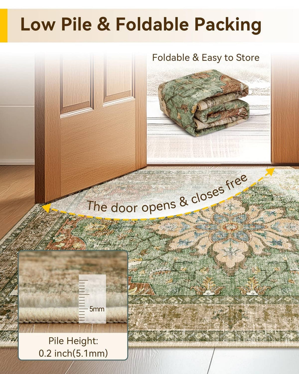 Low-pile rectangular area rug folded for easy, compact storage and transport.