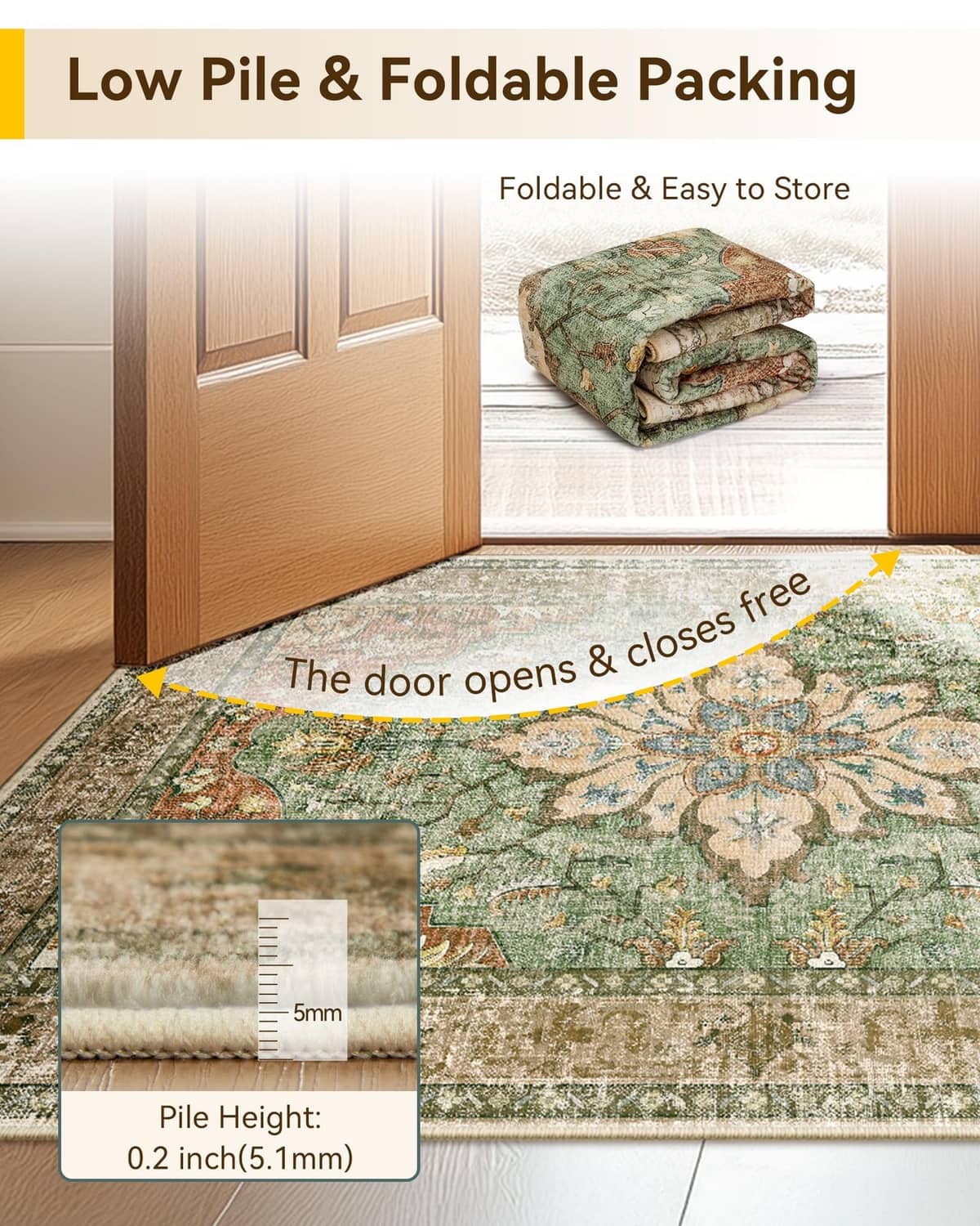 Low-pile rectangular area rug folded for easy, compact storage and transport.