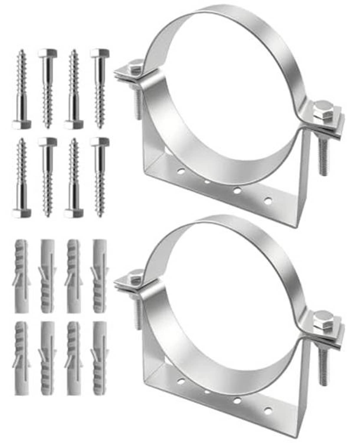 Two silver 6-inch pipe hanger brackets with U-bolts, screws, and mounting plates