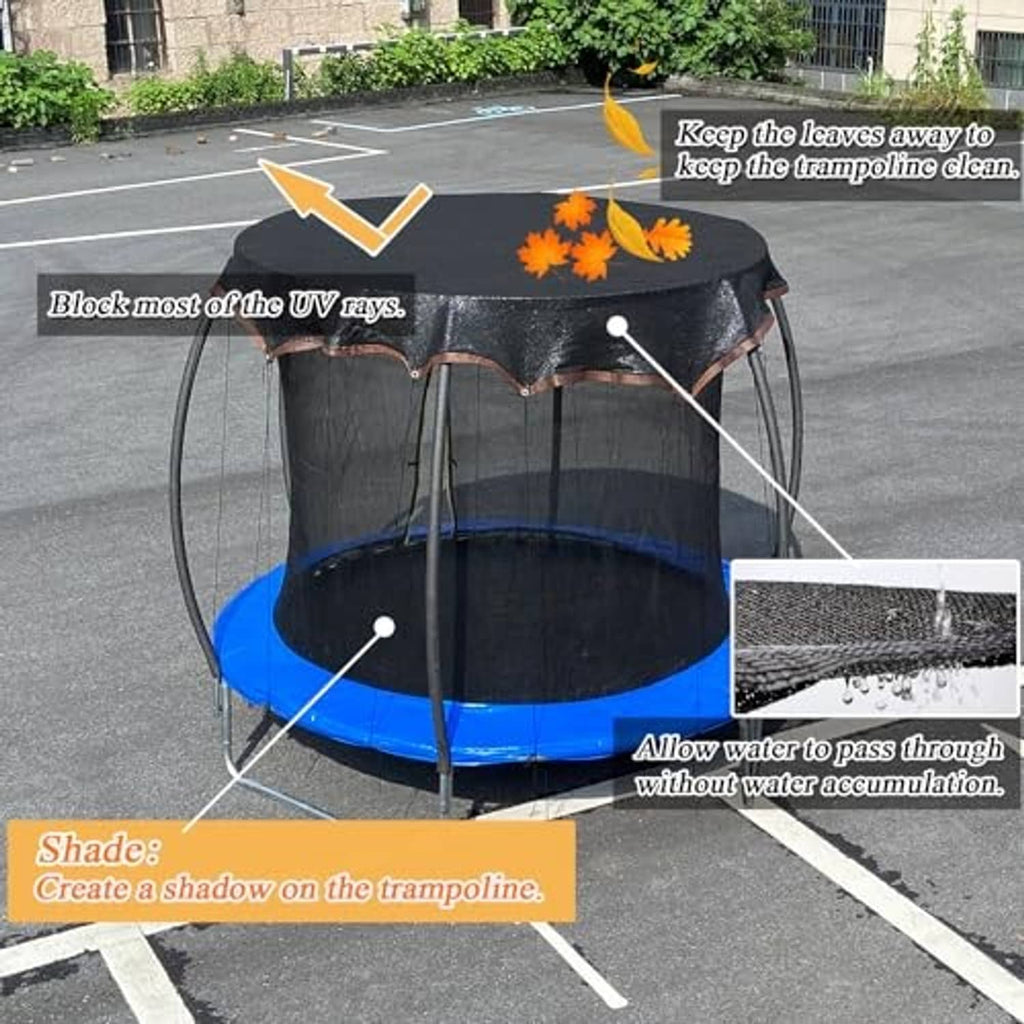 Round trampoline shade cover in dark mesh canopy over blue jumping surface