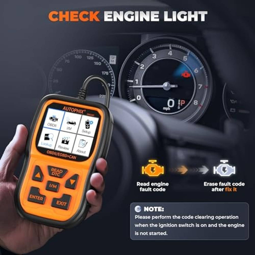 Orange handheld OBD2 scanner held in front of car dashboard with check engine light