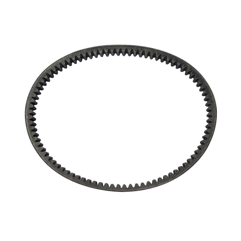 Black ribbed drive belt loop with toothed inner edge and textured surface