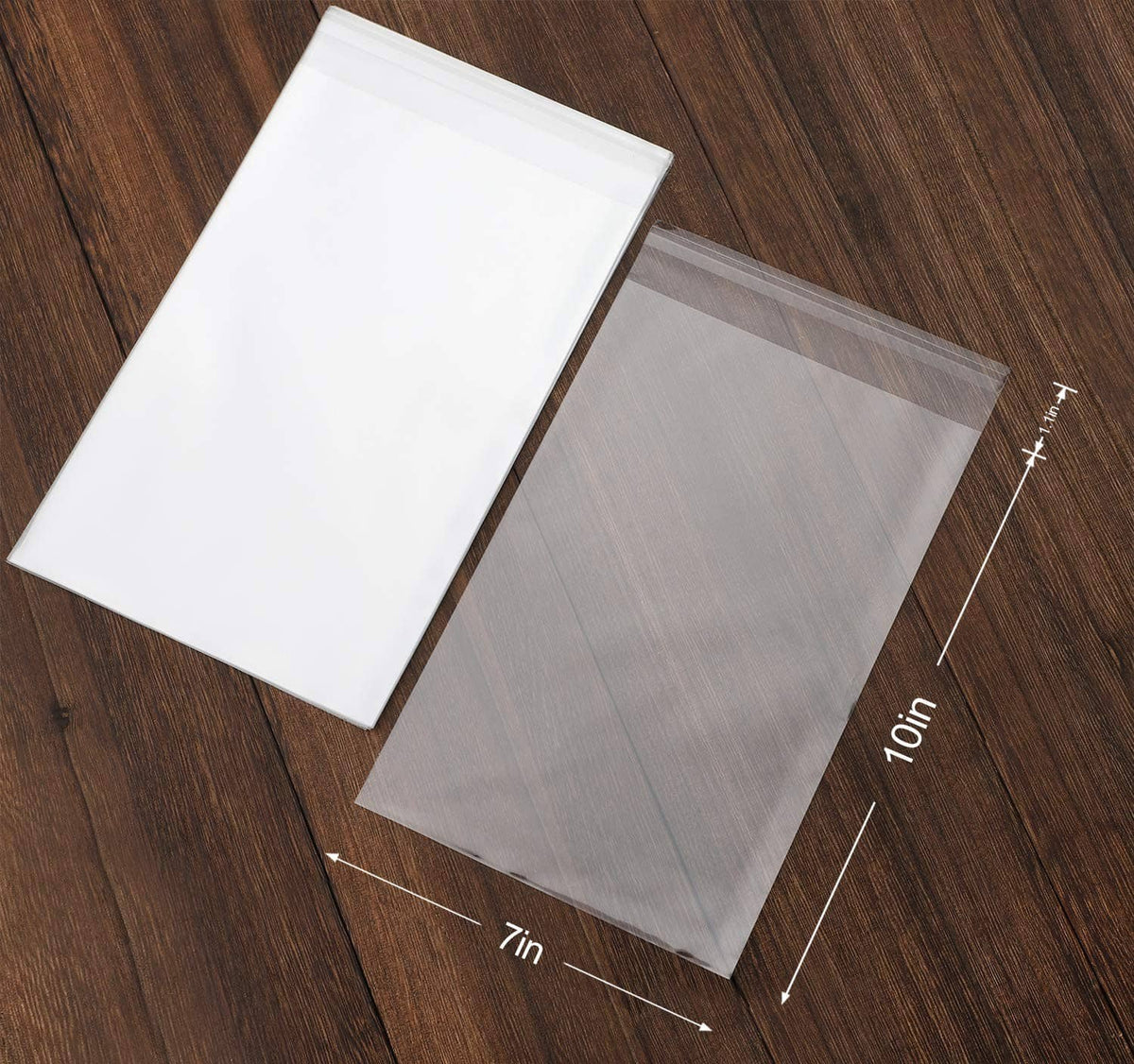 Clear self-seal cello bag with 7 in x 10 in size, transparent plastic pouch