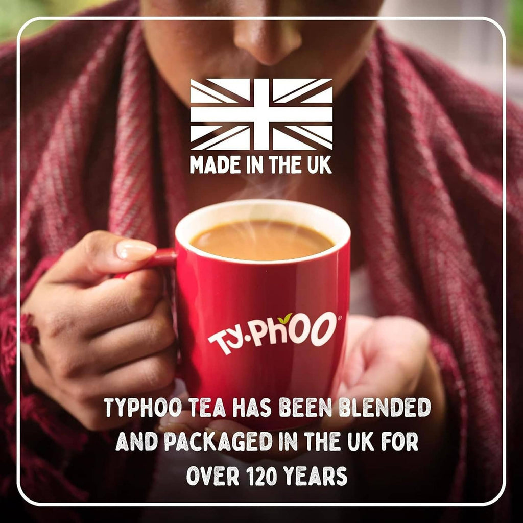 Typhoo tea cup with UK blended and packed in the UK text on mug