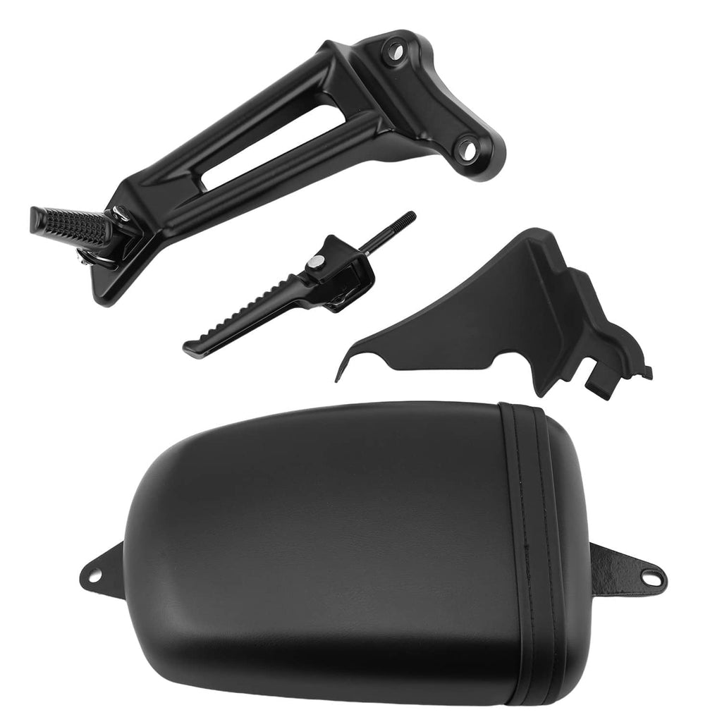 Black motorcycle passenger seat with side mounting brackets and installation parts