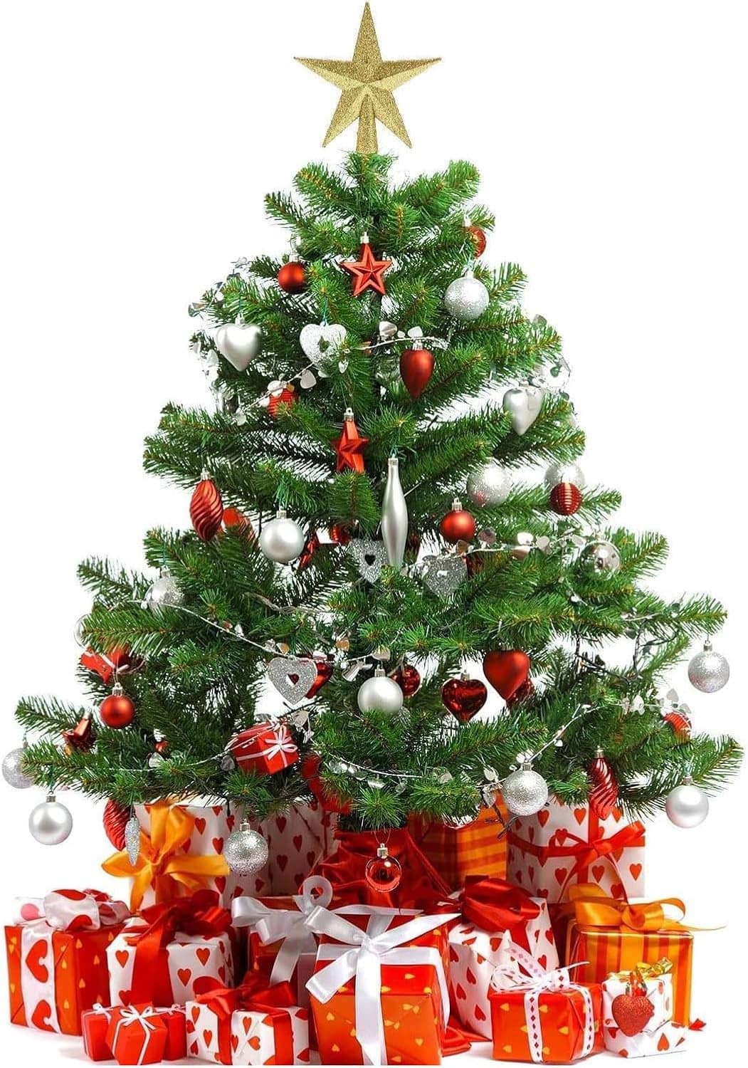 Christmas tree with silver and gold glitter star toppers, red and white ornaments