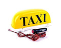 Yellow taxi roof LED sign light with “TAXI” lettering, magnetic base, 12V wiring kit.