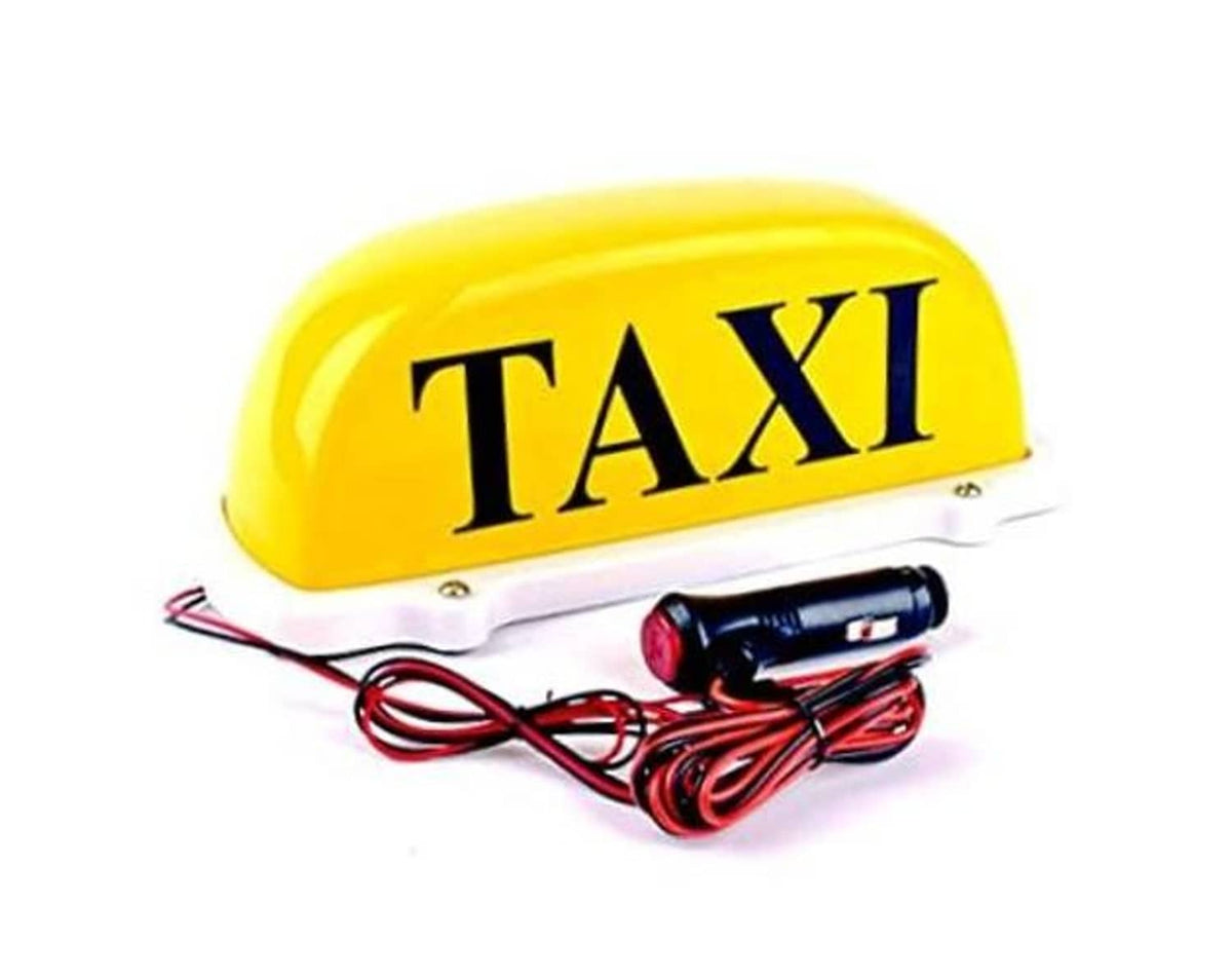 Yellow taxi roof LED sign light with “TAXI” lettering, magnetic base, 12V wiring kit.