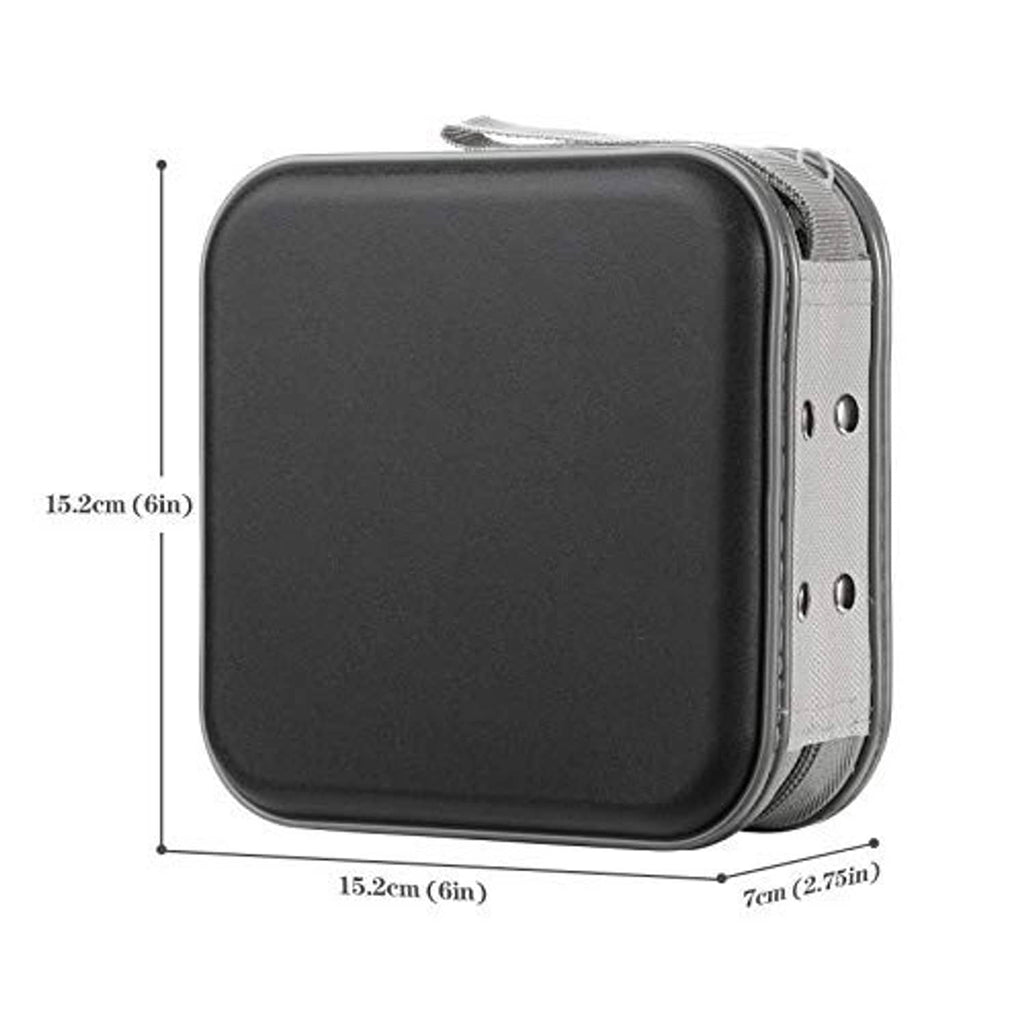 Black hard-shell zipper CD/DVD wallet with side zipper track and size profile