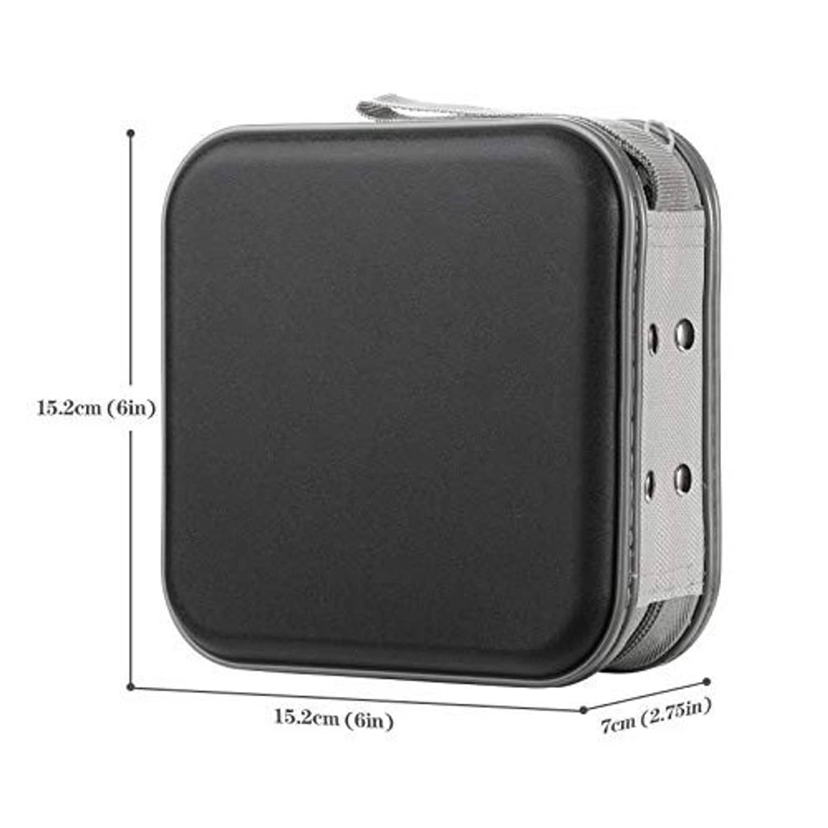 Black hard-shell zipper CD/DVD wallet with side zipper track and size profile