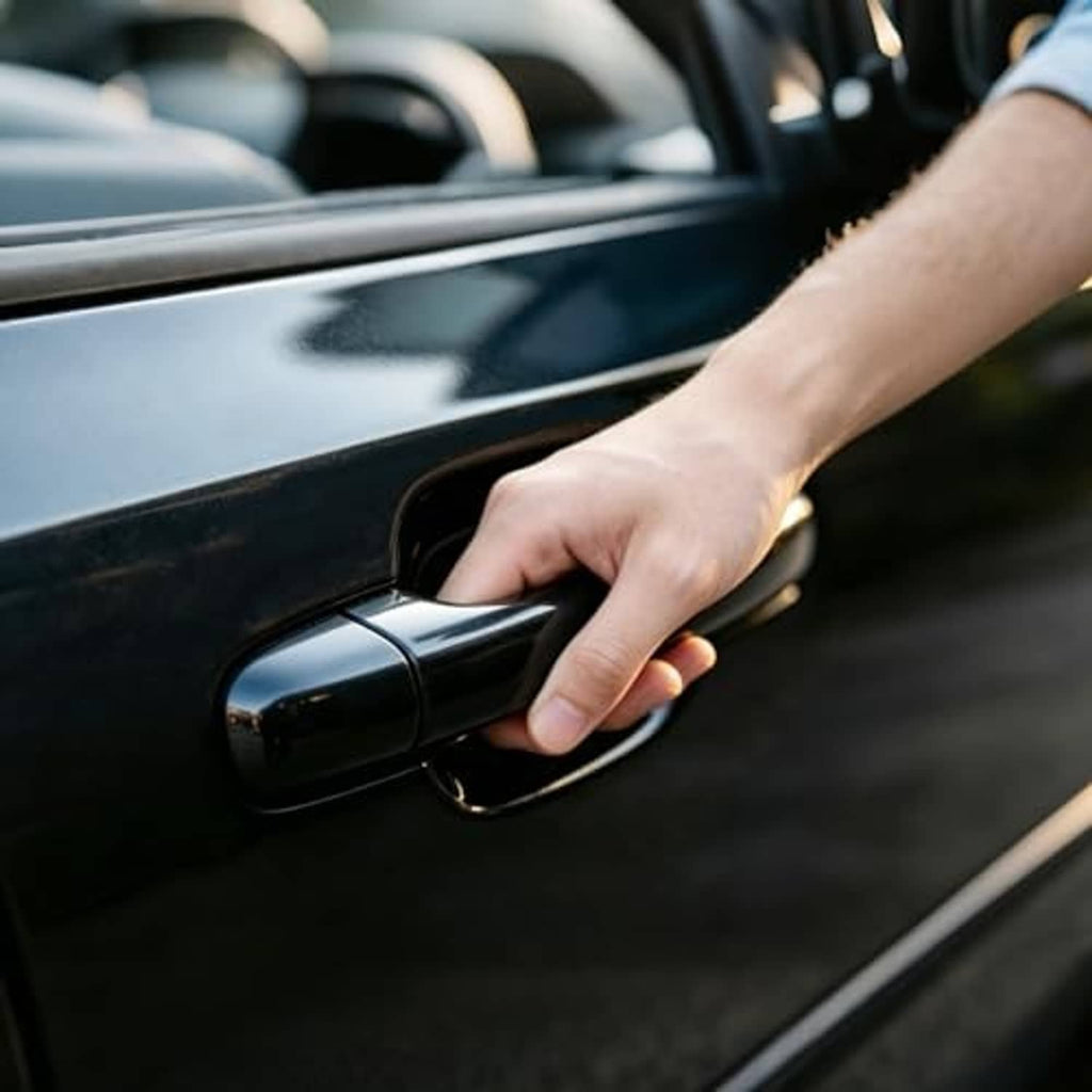 Front right exterior door handle on car door, glossy dark black.