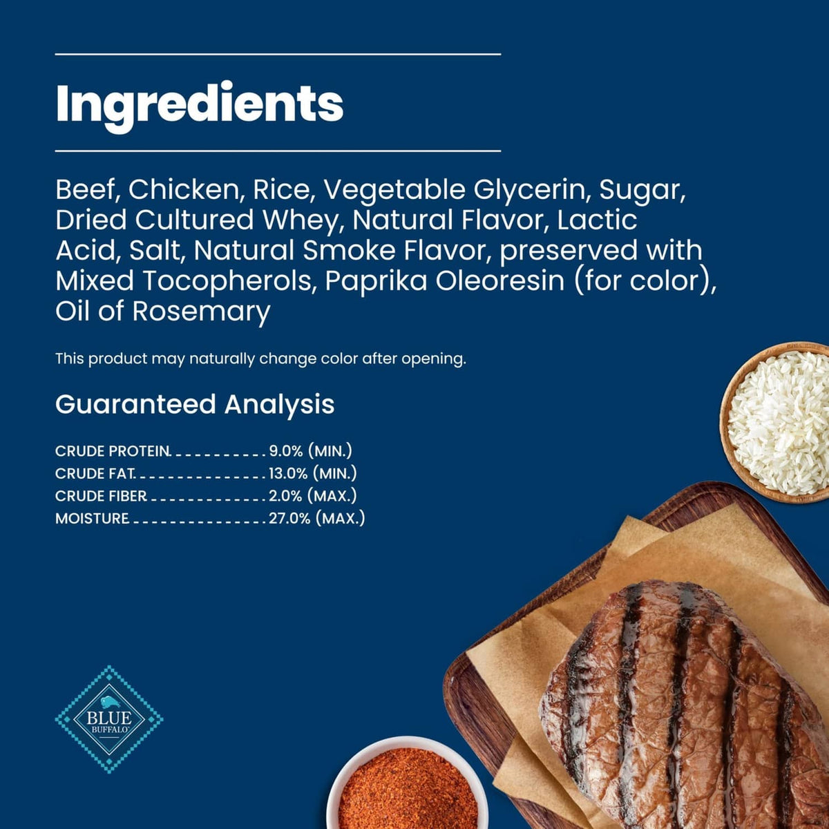 Dog treat package panel showing ingredients and guaranteed analysis
