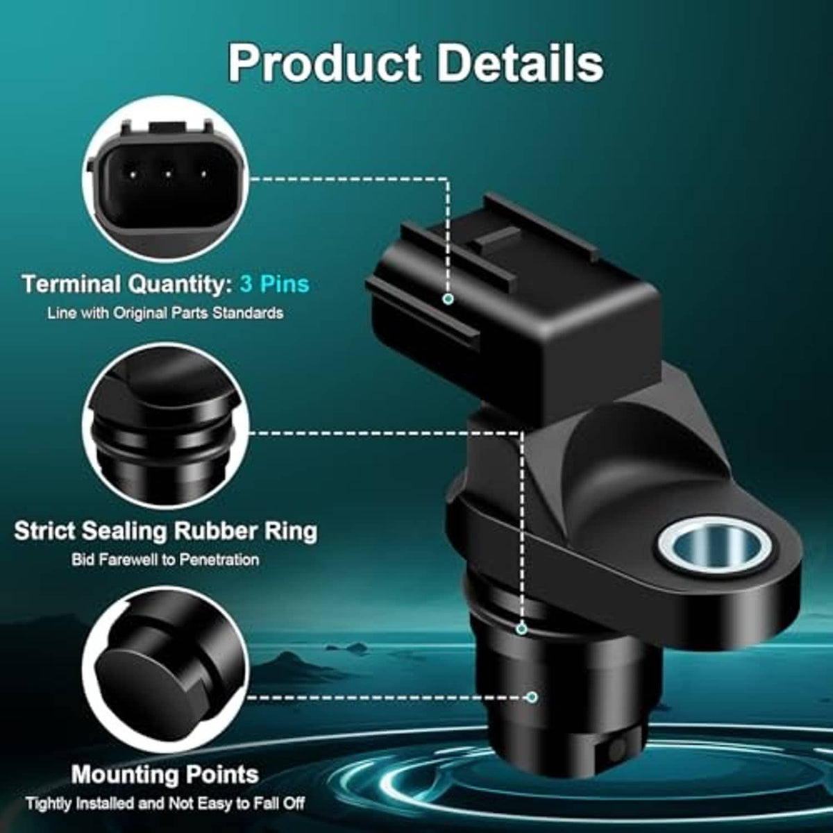 Camshaft position sensor showing 3-pin terminal, sealed rubber ring, and mounting points