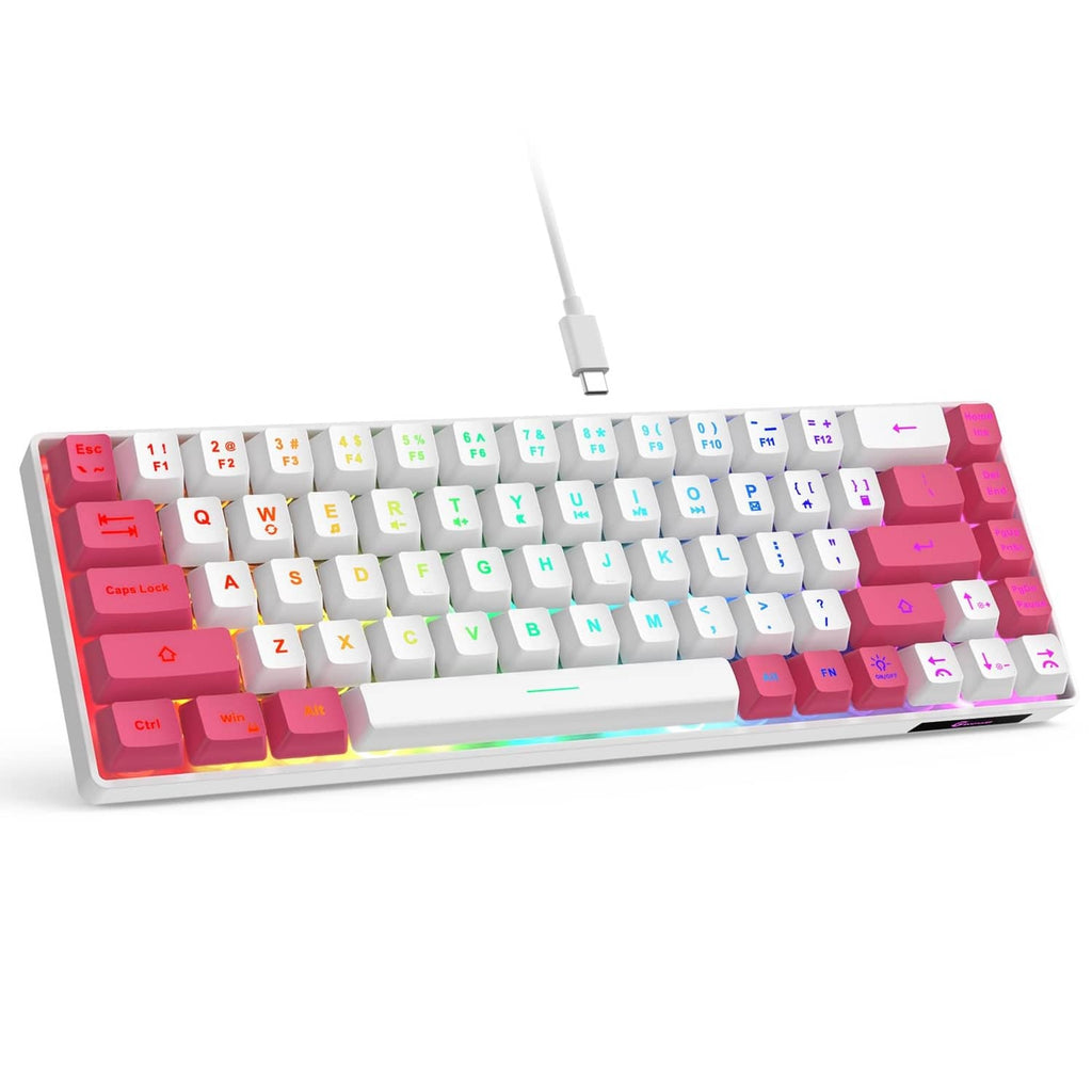 Mini wired gaming keyboard with white and pink RGB backlit keys, compact layout