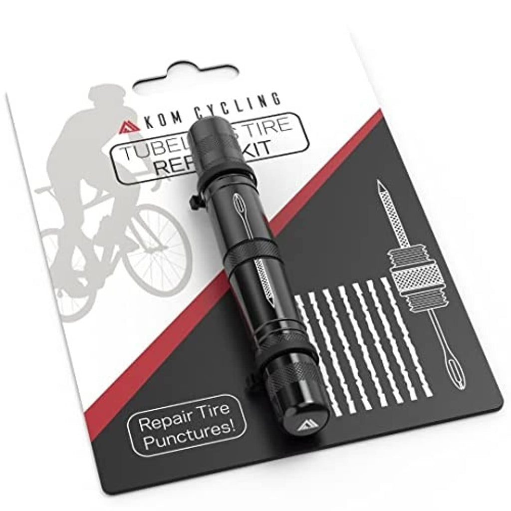Black tubeless tire repair tool on retail card with puncture repair graphic