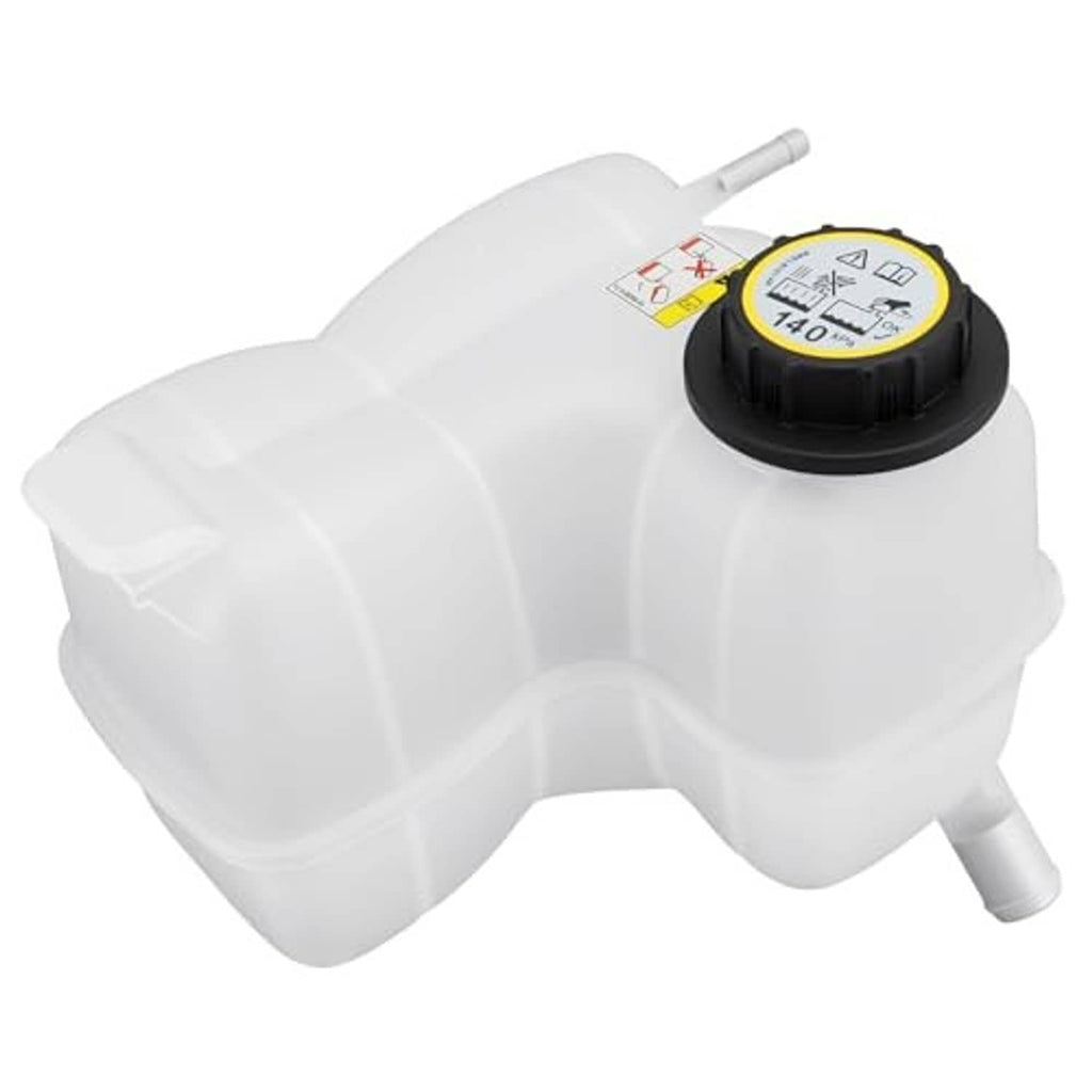 Engine coolant reservoir tank, white plastic, with pressure cap and side hose outlet