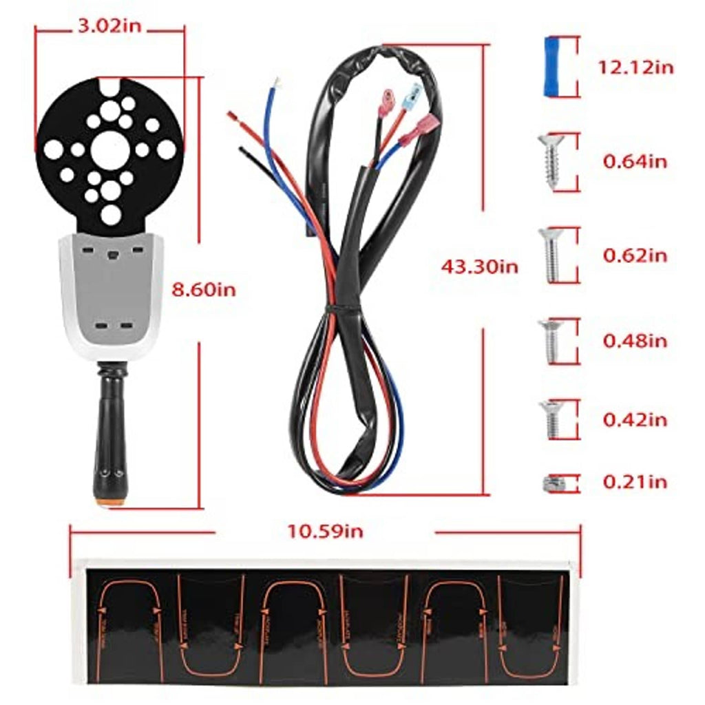 Dimension diagram for tilt jack plate control switch with mounting plate and wires