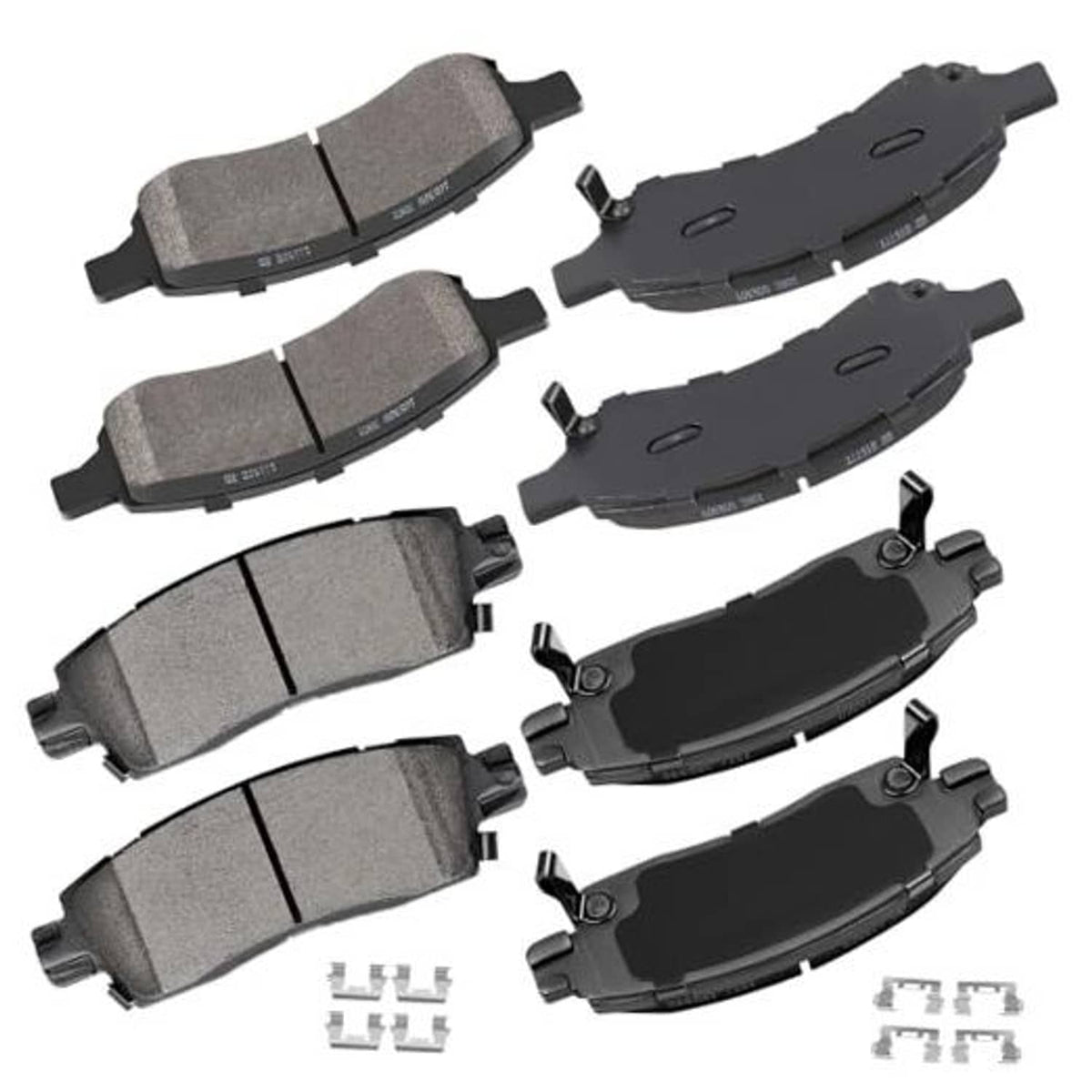 Ceramic front and rear brake pads set with hardware; grey and black pads