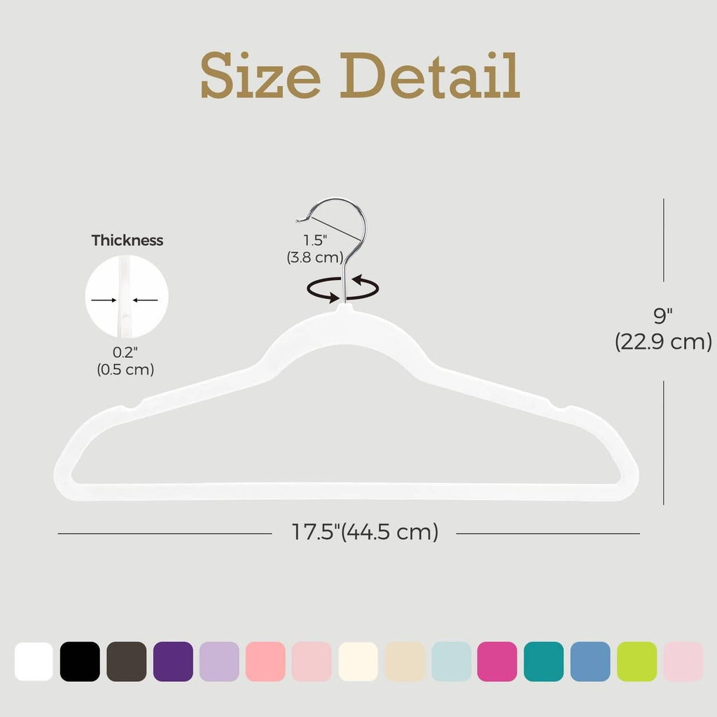 Slim velvet hanger size guide with thickness and length measurements for closet fit