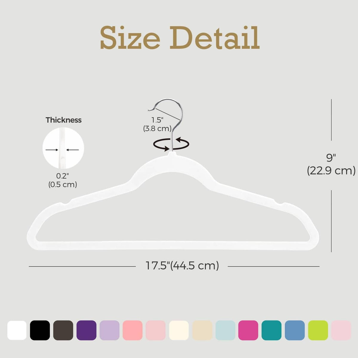Slim velvet hanger size guide with thickness and length measurements for closet fit