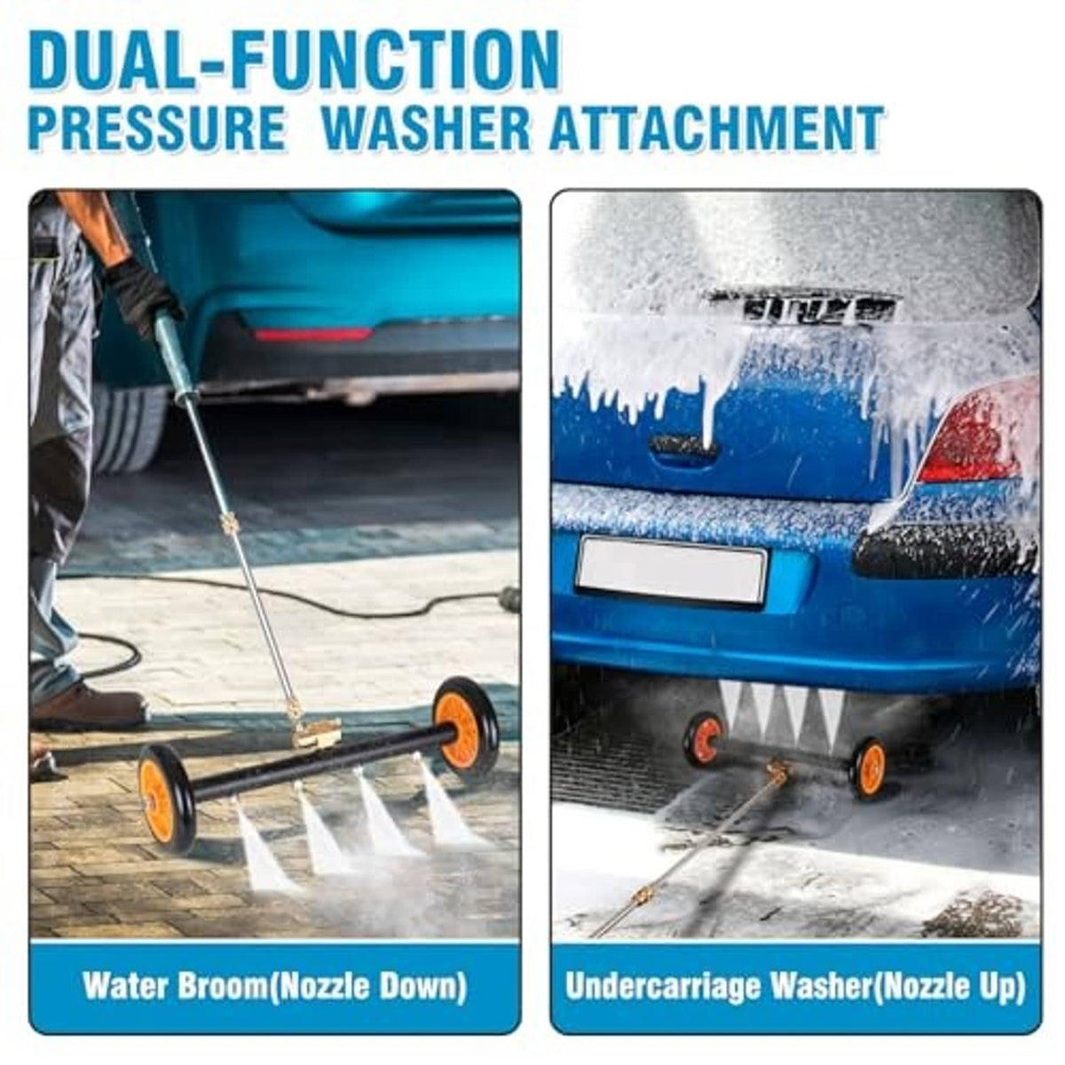 Dual-function undercarriage pressure washer attachment with nozzle up and water spray jets
