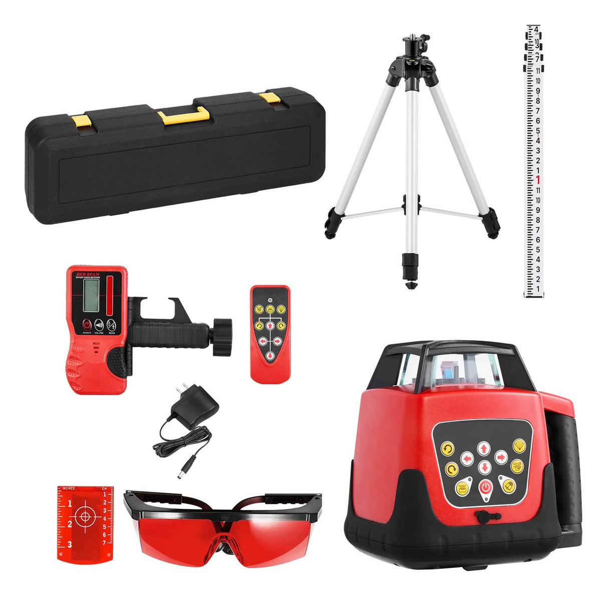 Red self-leveling 360 laser level kit with tripod and remote accessories in black case