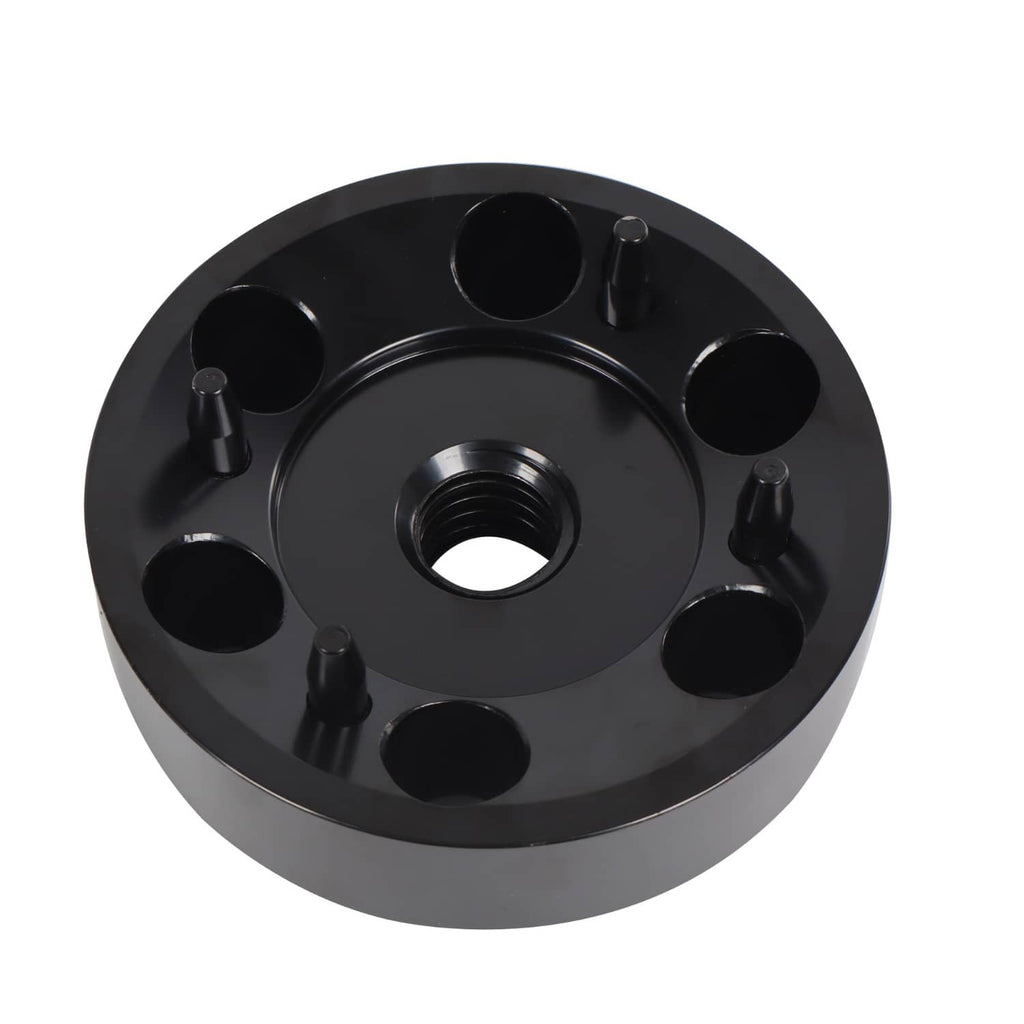 Black bushing installation tool plate with central threaded hole and mounting pins