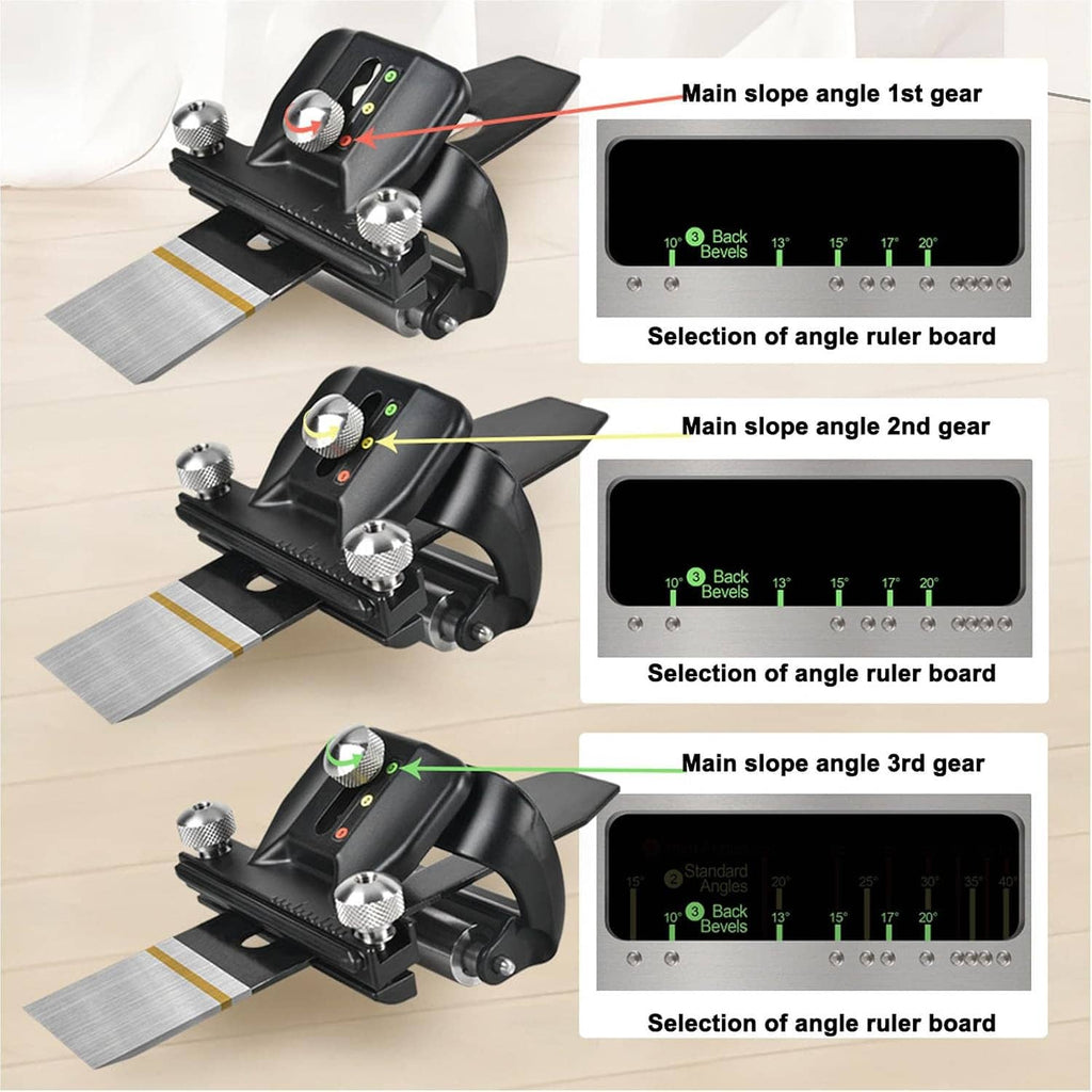 Honing guide stand showing three angle selector positions with angle ruler board