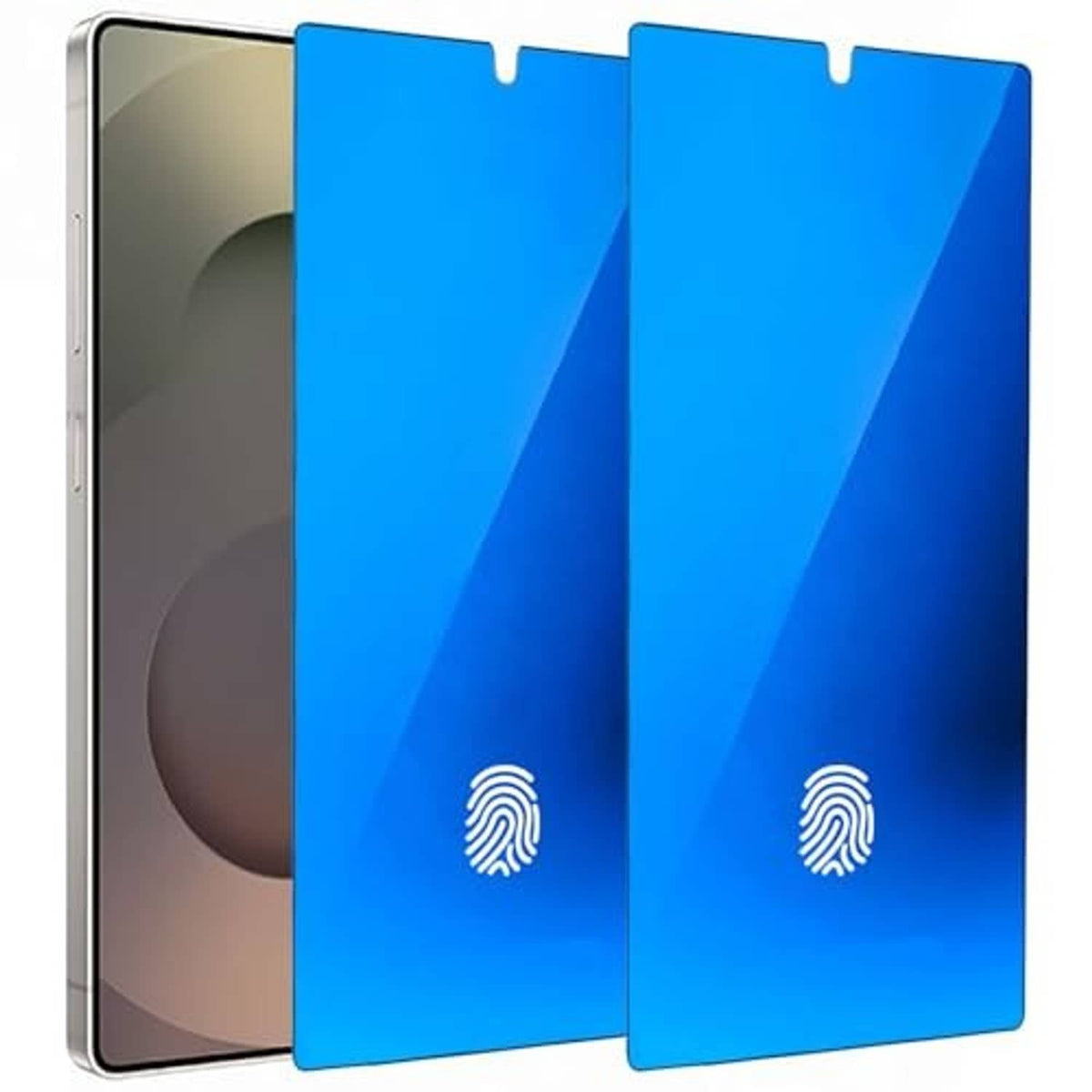 Set of two blue anti-spy tempered glass screen protectors for phone display