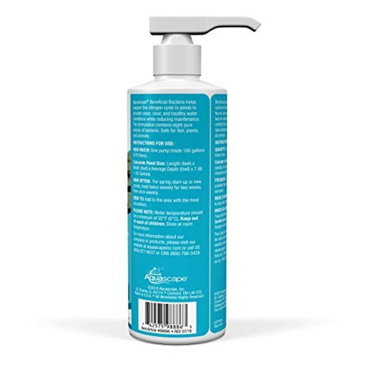 Aquascape Beneficial Bacteria liquid bottle, back label view with dosing directions