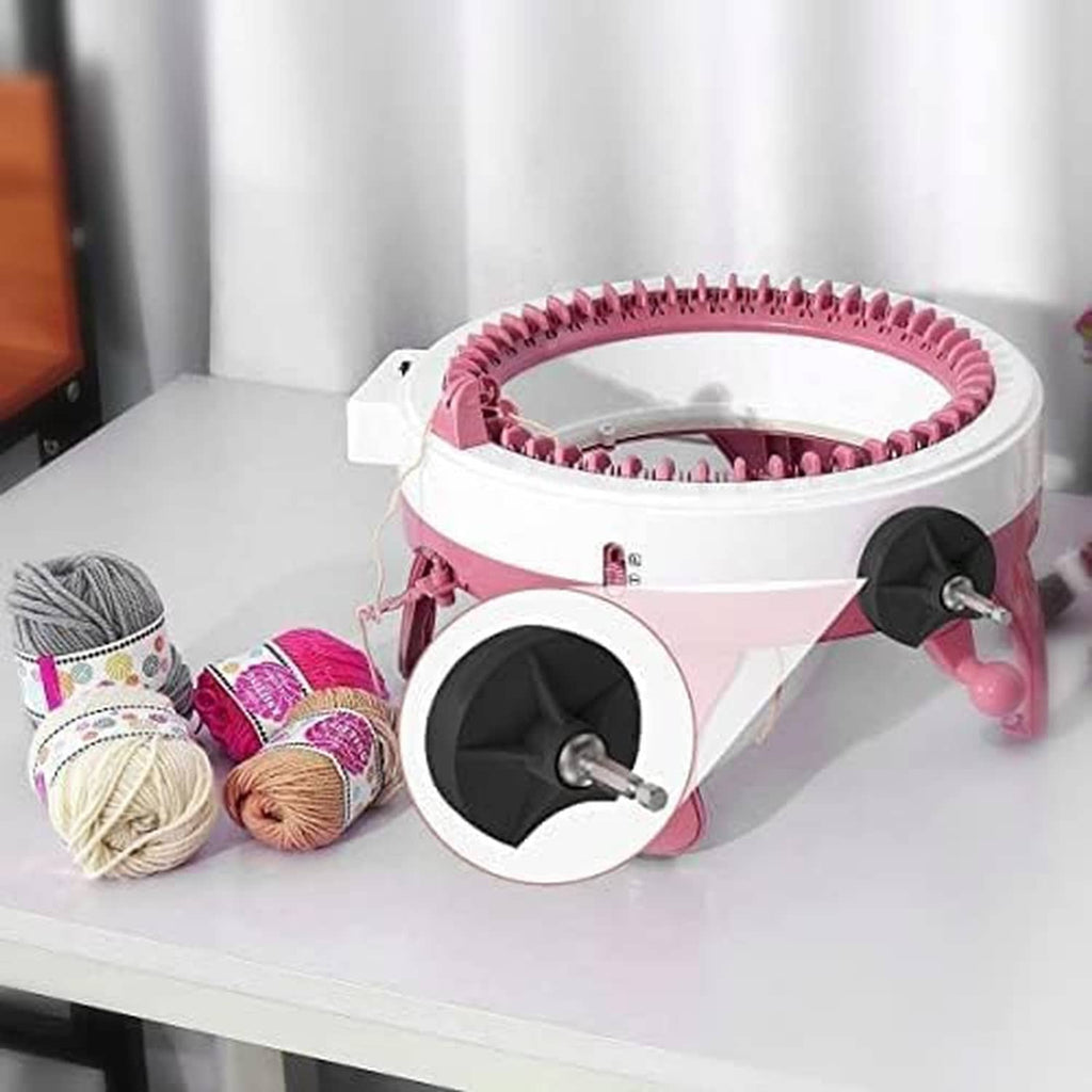 Pink knitting machine with attached black adapter base and metal hex bit on stand