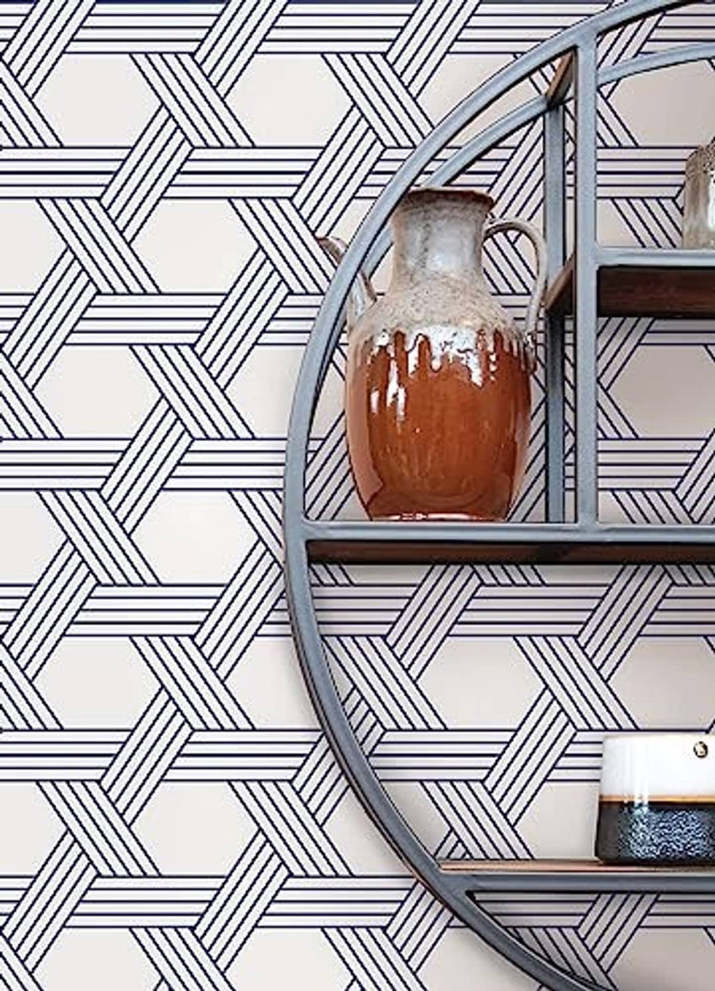 Blue-and-white geometric lattice self-adhesive wallpaper on wall.