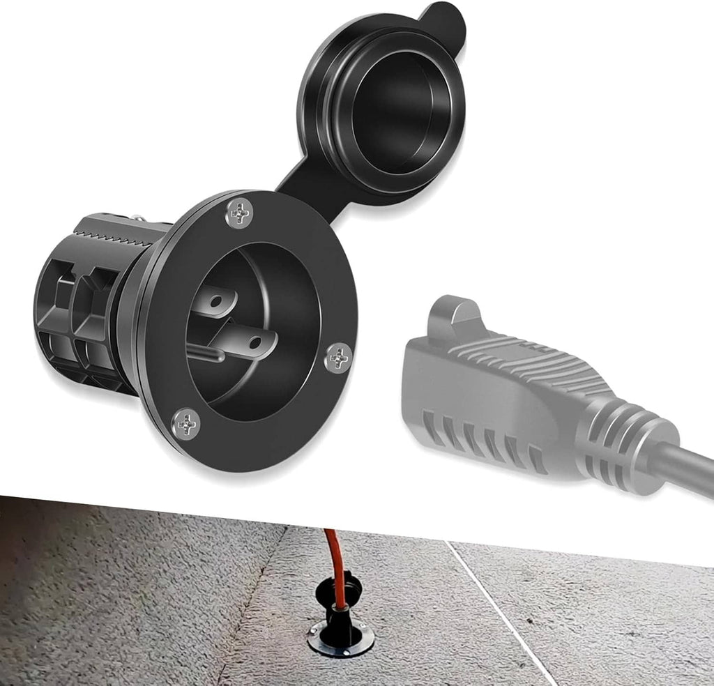 Black AC power port with watertight cover and mounting base for boat onboard chargers