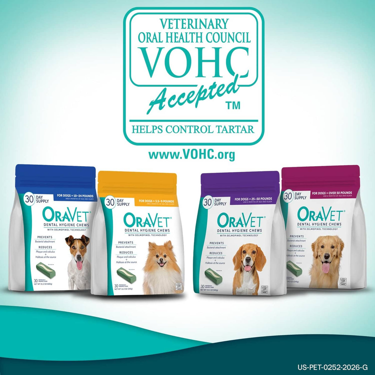 Variety pack of OraVet dental hygiene chew bags in different colors