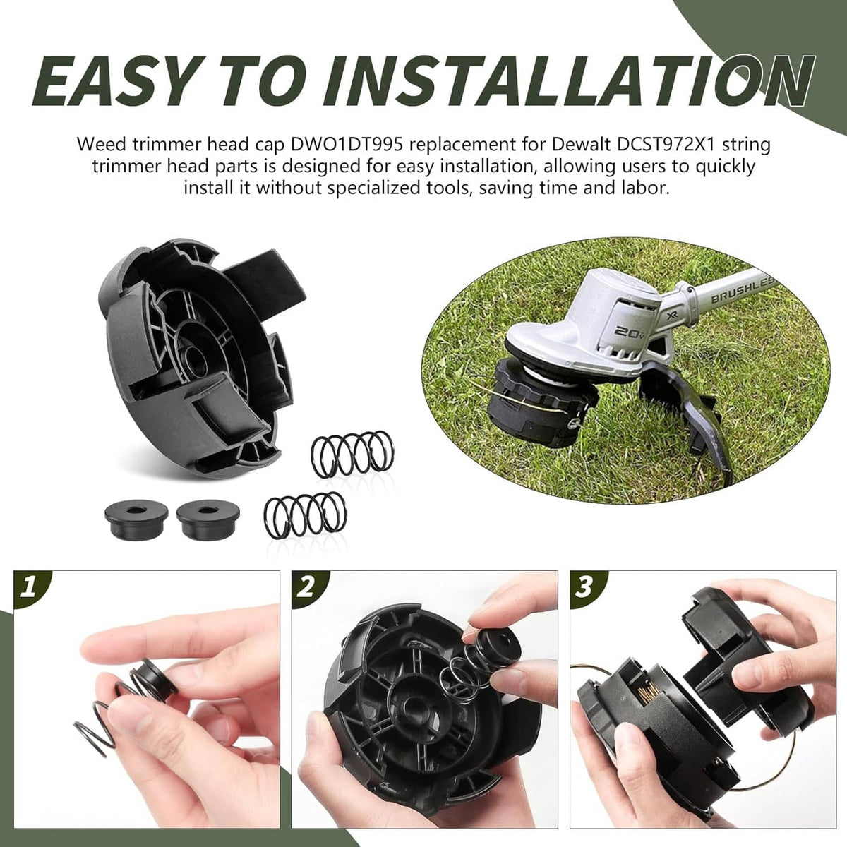 Weed trimmer head cap replacement kit with black cap housing, two caps, and coil springs