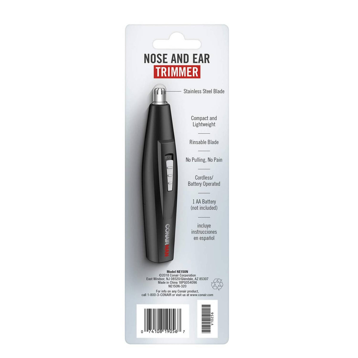 Nose and ear trimmer box back with feature text, barcode, and Conairman details