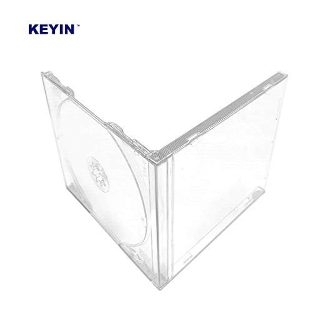 Clear CD jewel case corner view with hinged lid and circular disc holder details.
