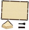 Sand-colored sun shade cloth panel with dark border and corner grommets