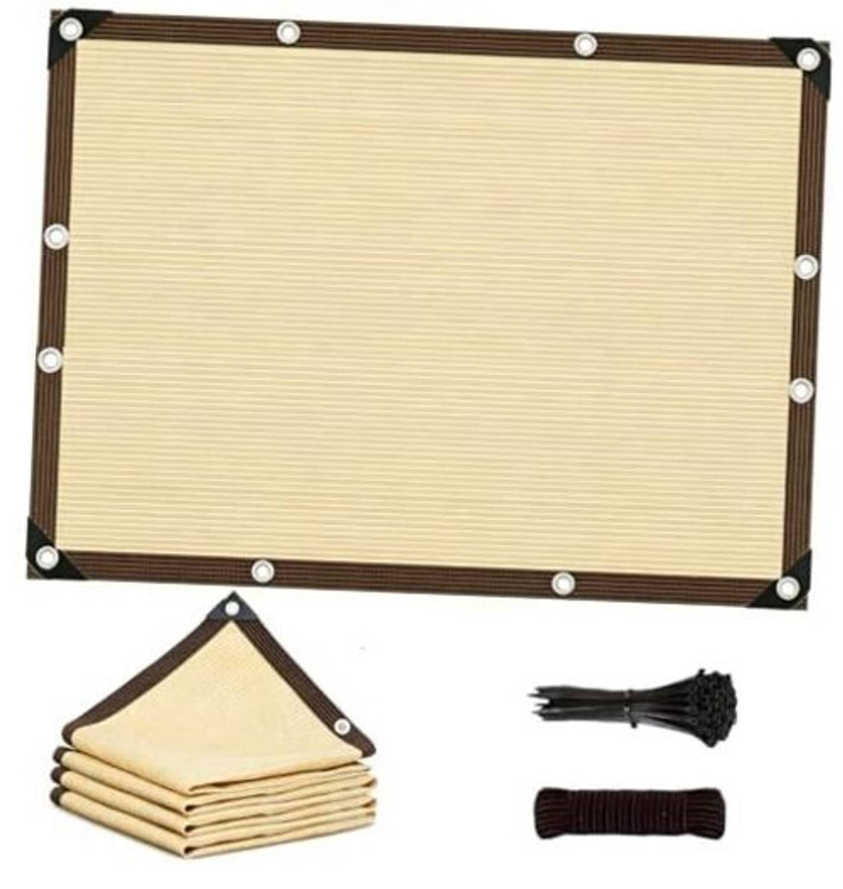 Sand-colored sun shade cloth panel with dark border and corner grommets